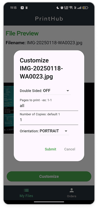 Customisation Screen